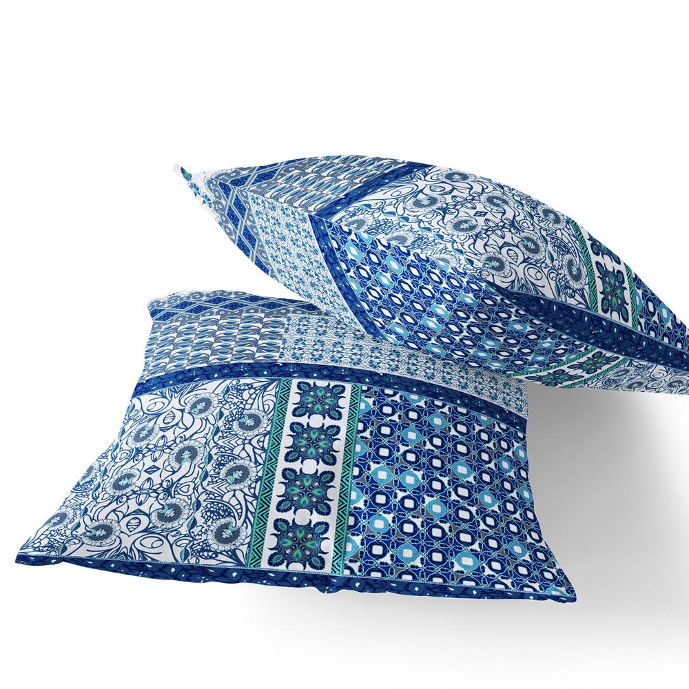 Set of Two 16" X 16" Blue, White Blown Seam Floral Indoor Outdoor Throw Pillow. Picture 3