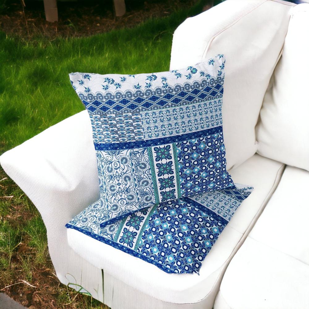 Set of Two 16" X 16" Blue, White Blown Seam Floral Indoor Outdoor Throw Pillow. Picture 2