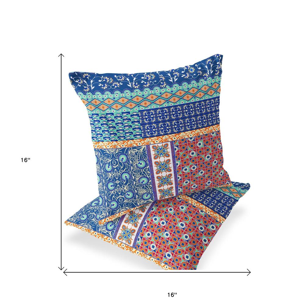 Set of Two 16" X 16" Blue, Orange Blown Seam Floral Indoor Outdoor Throw Pillow. Picture 5
