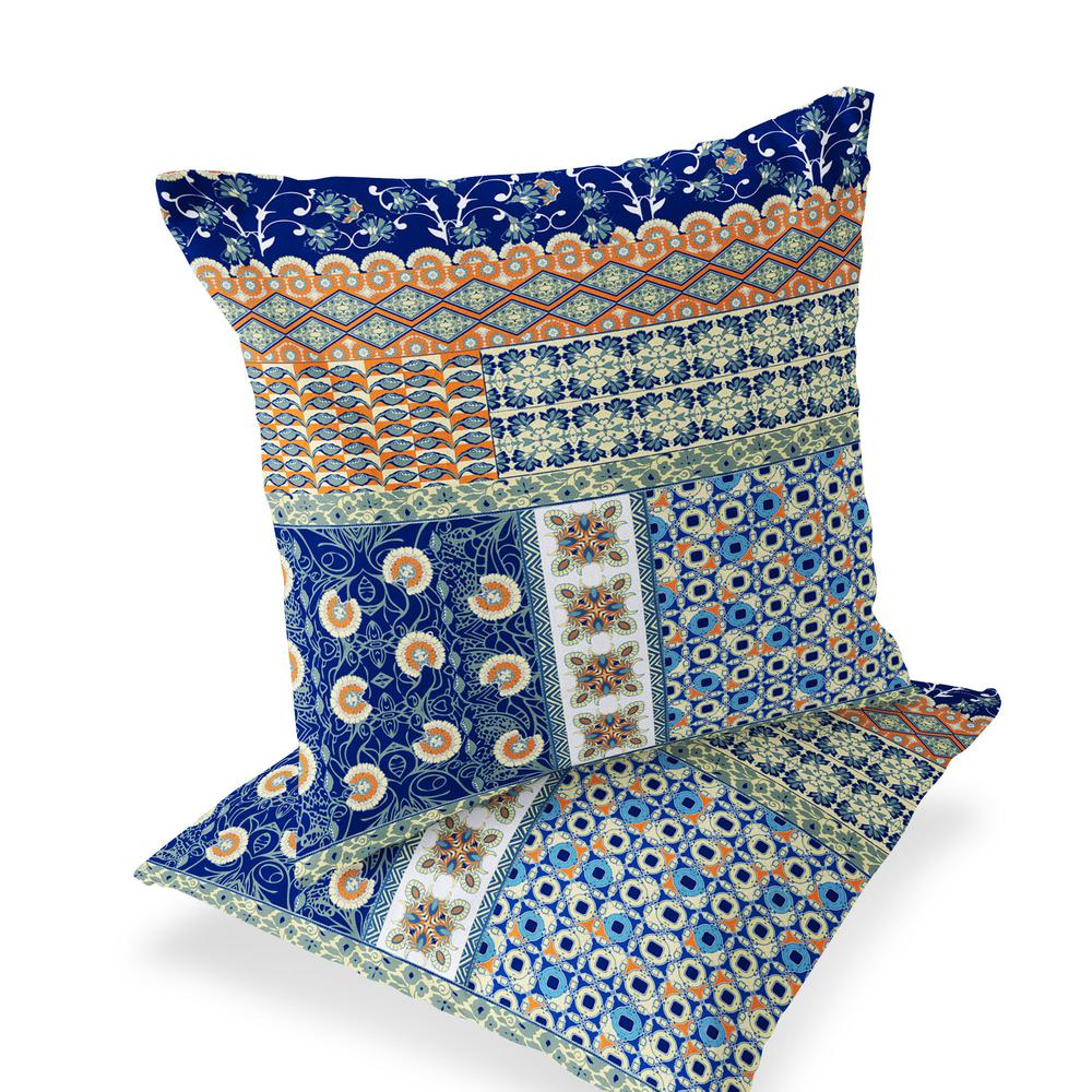 Set of Two 16" X 16" Blue, Orange Blown Seam Floral Indoor Outdoor Throw Pillow. Picture 1