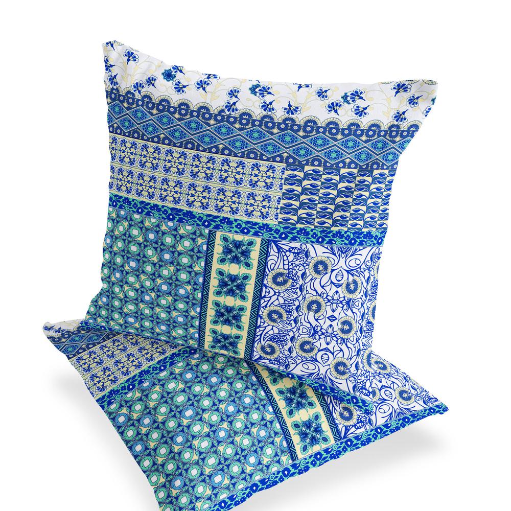 Set of Two 16" X 16" Blue, White Blown Seam Floral Indoor Outdoor Throw Pillow. Picture 4