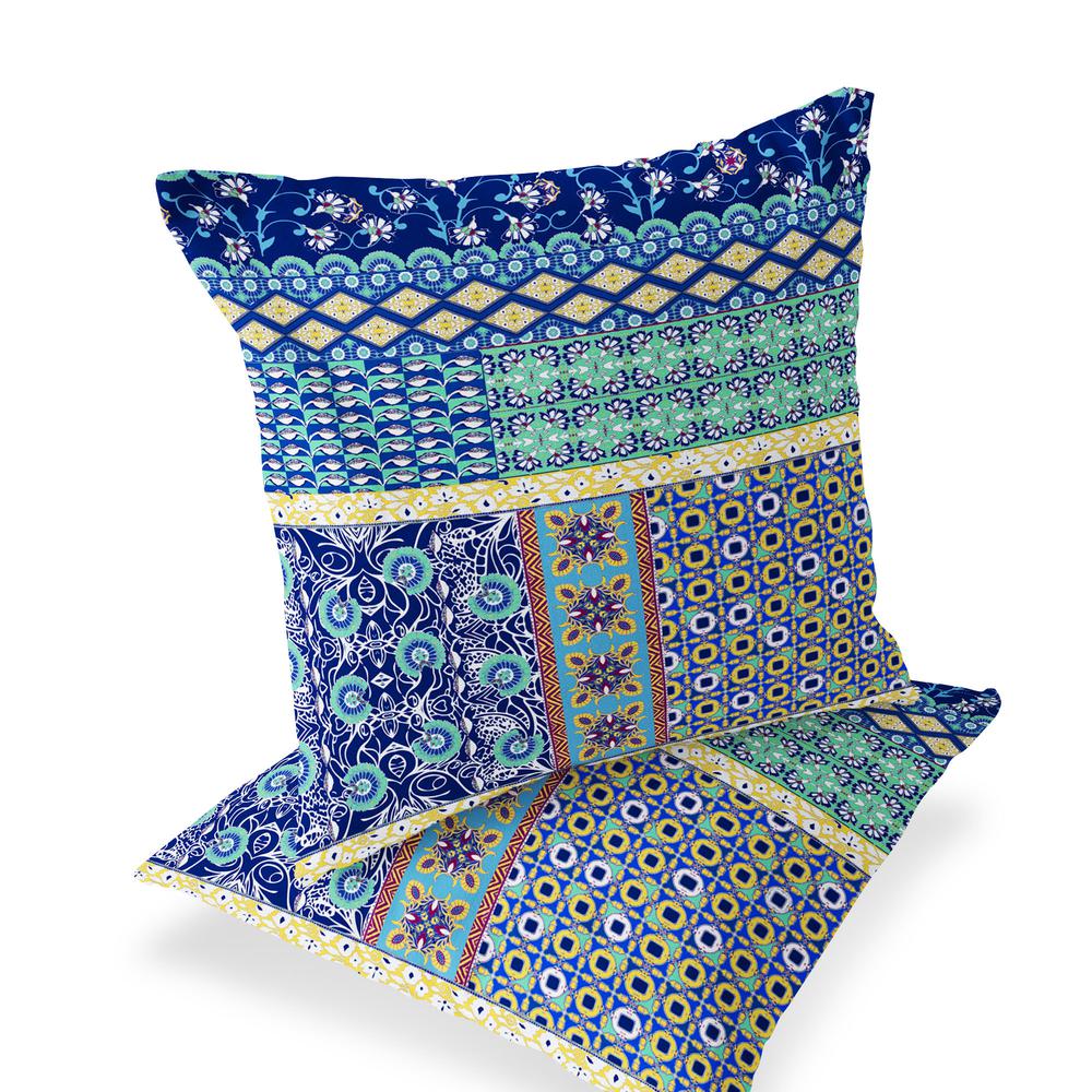 Blue, Yellow Blown Seam Floral Indoor Outdoor Throw Pillows. Picture 1