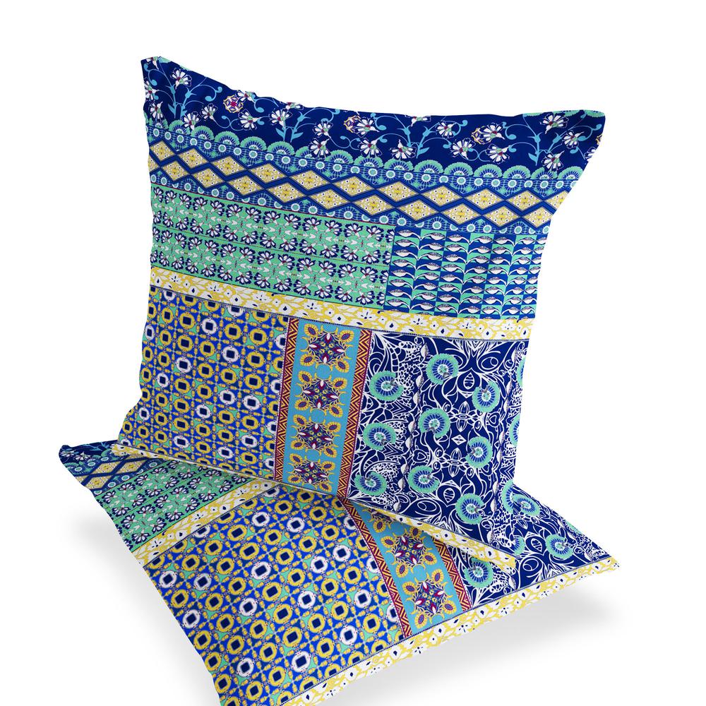 Blue, Yellow Blown Seam Floral Indoor Outdoor Throw Pillows. Picture 4