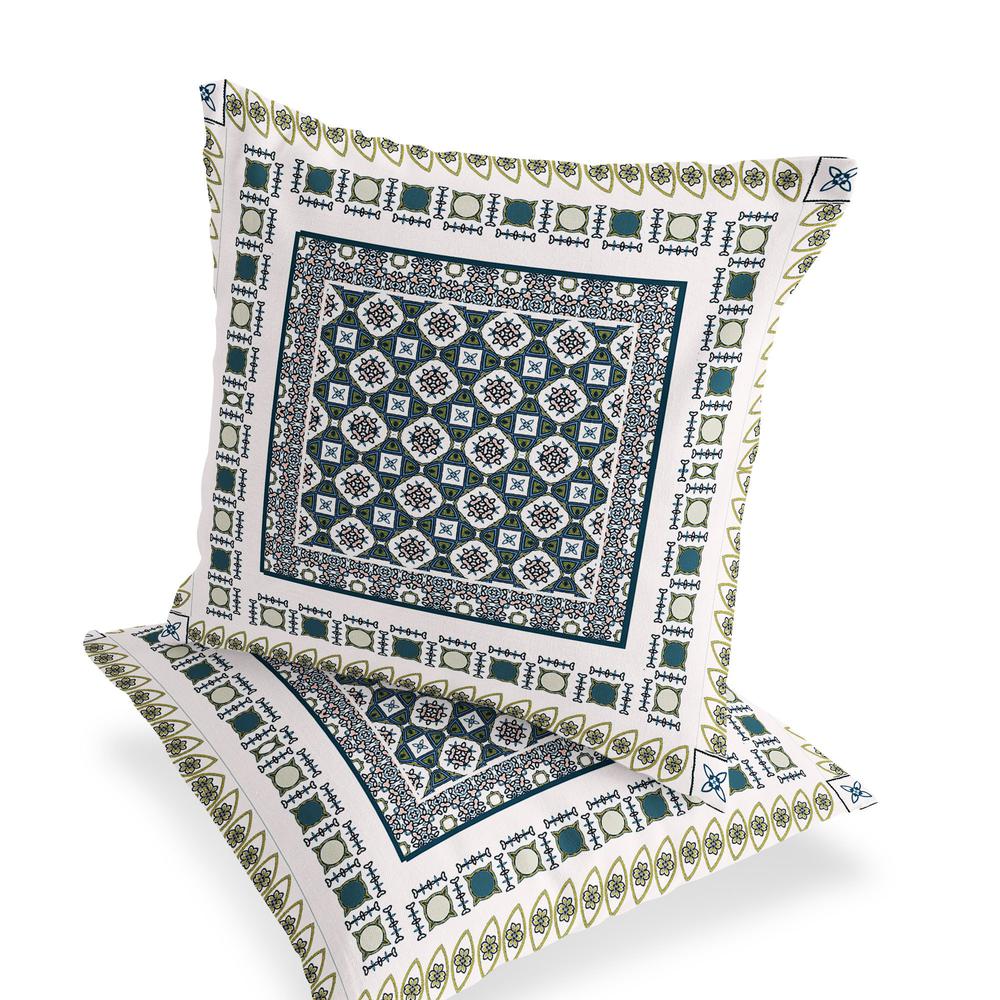 Set of Two 16" X 16" Green, White Blown Seam Floral Indoor Outdoor Throw Pillow. Picture 4