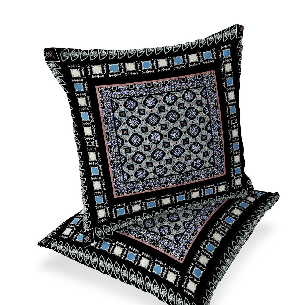 Set of Two 16" X 16" Black, Blue Blown Seam Floral Indoor Outdoor Throw Pillow. Picture 1