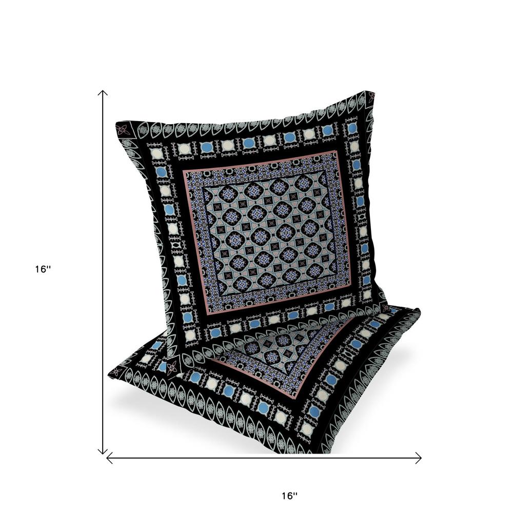Set of Two 16" X 16" Black, Blue Blown Seam Floral Indoor Outdoor Throw Pillow. Picture 5