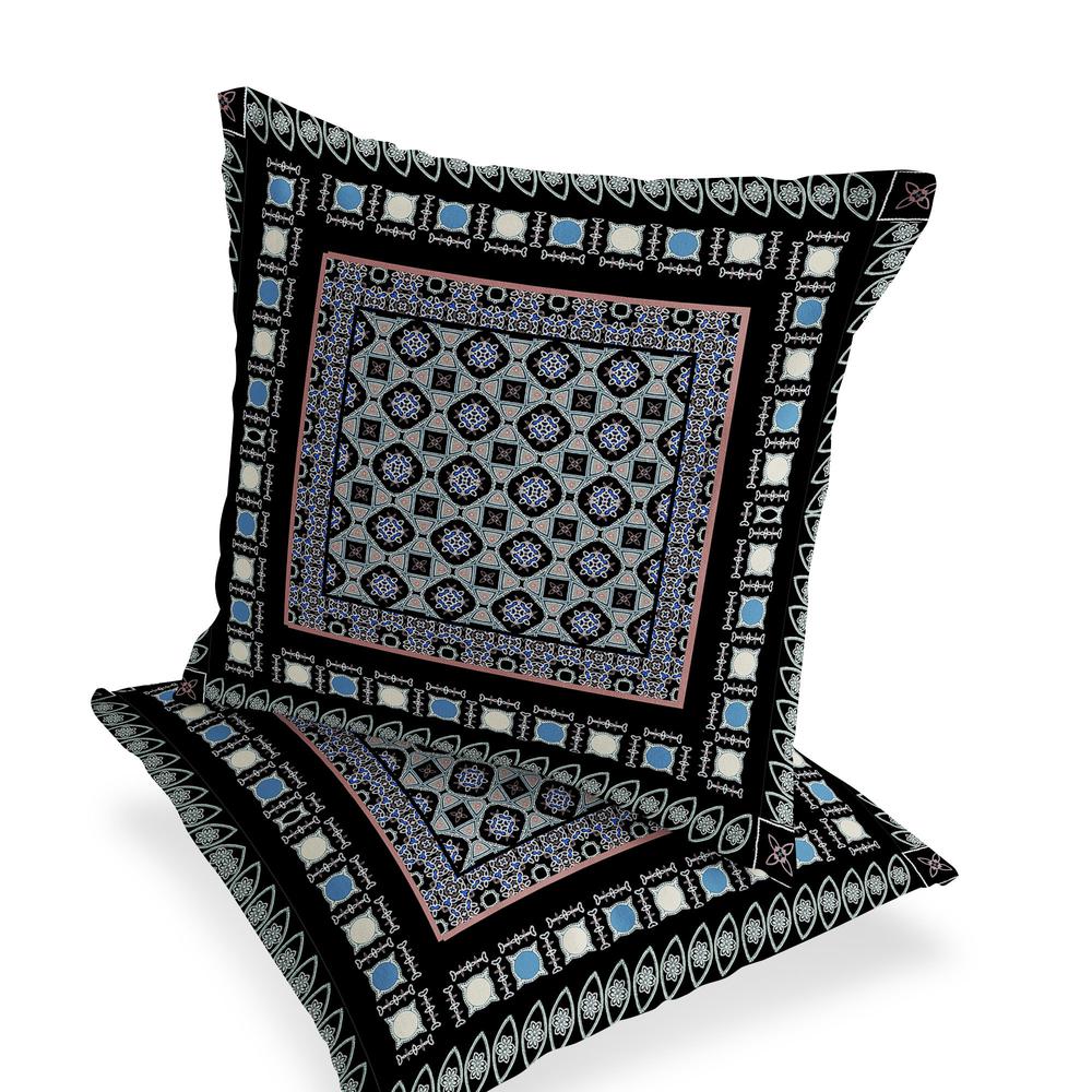 Set of Two 16" X 16" Black, Blue Blown Seam Floral Indoor Outdoor Throw Pillow. Picture 3
