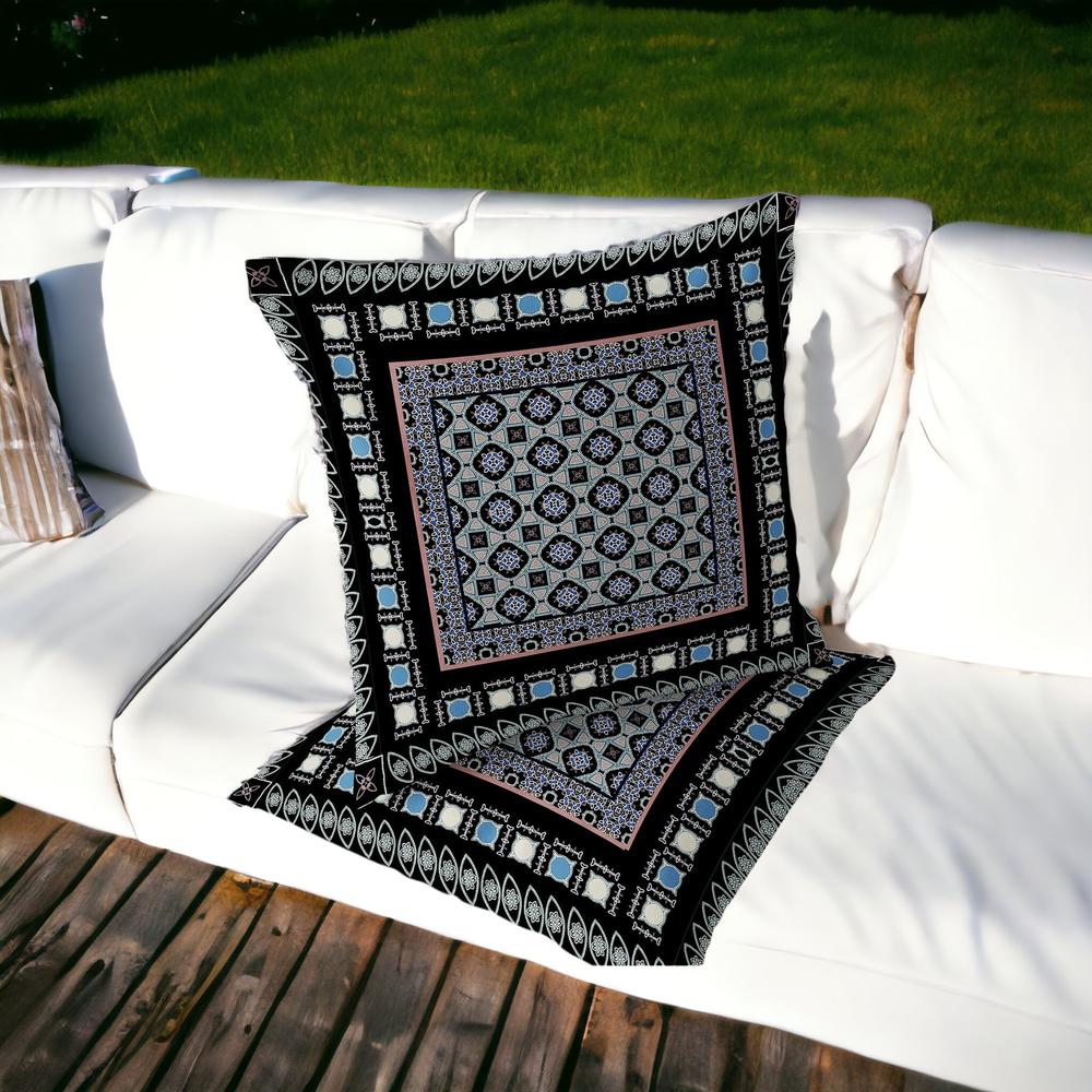 Set of Two 16" X 16" Black, Blue Blown Seam Floral Indoor Outdoor Throw Pillow. Picture 2