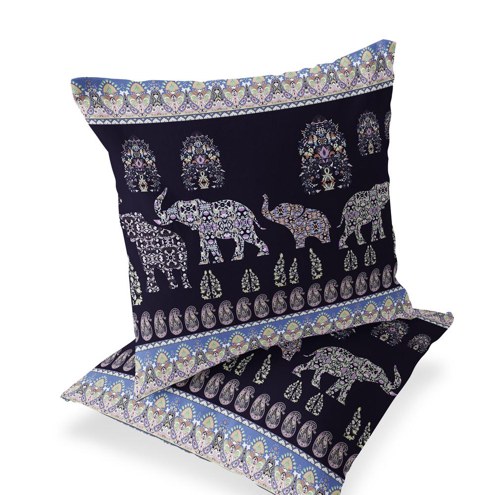 Blue, Purple Elephant Blown Seam Paisley Indoor Outdoor Throw Pillow. Picture 1