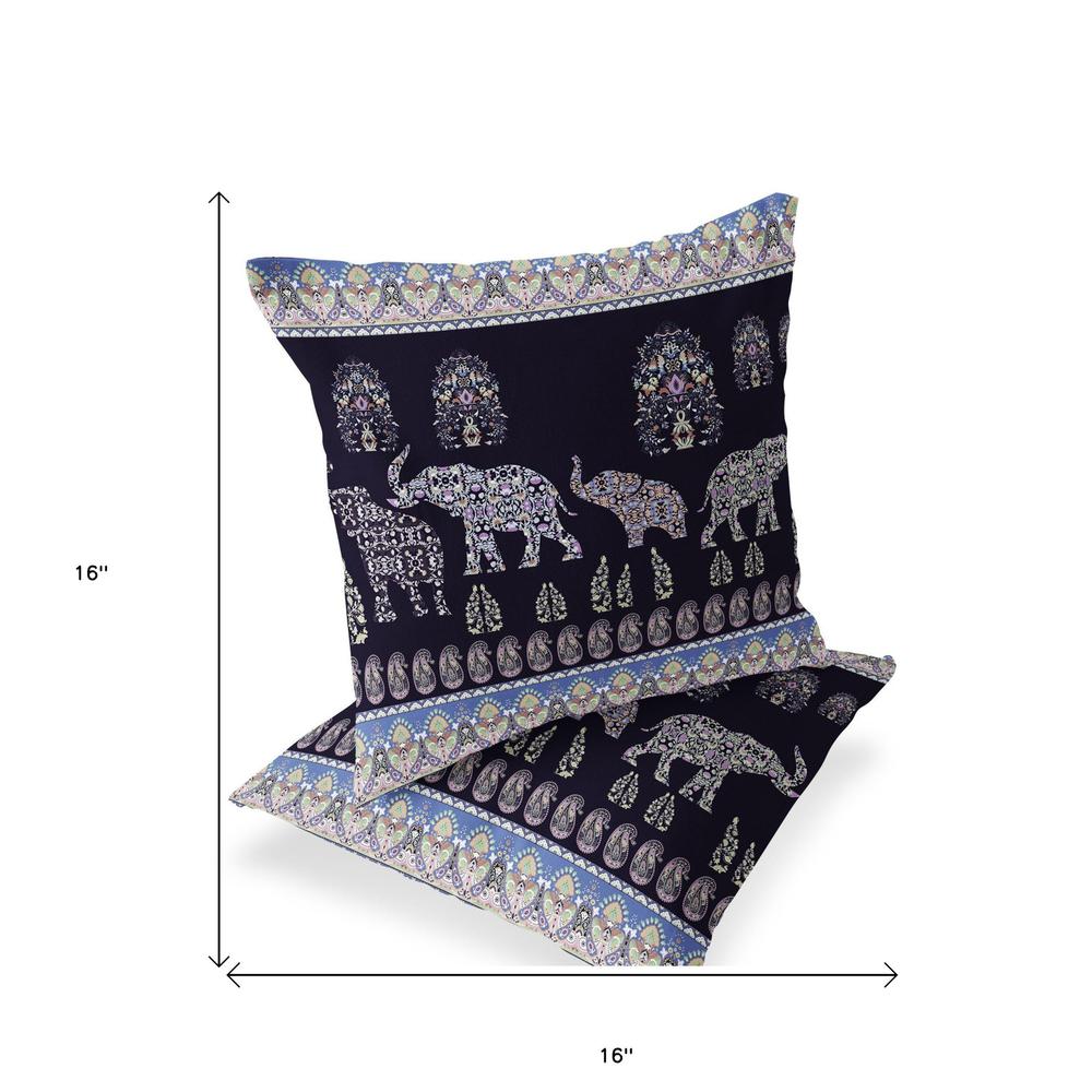 Blue, Purple Elephant Blown Seam Paisley Indoor Outdoor Throw Pillow. Picture 5