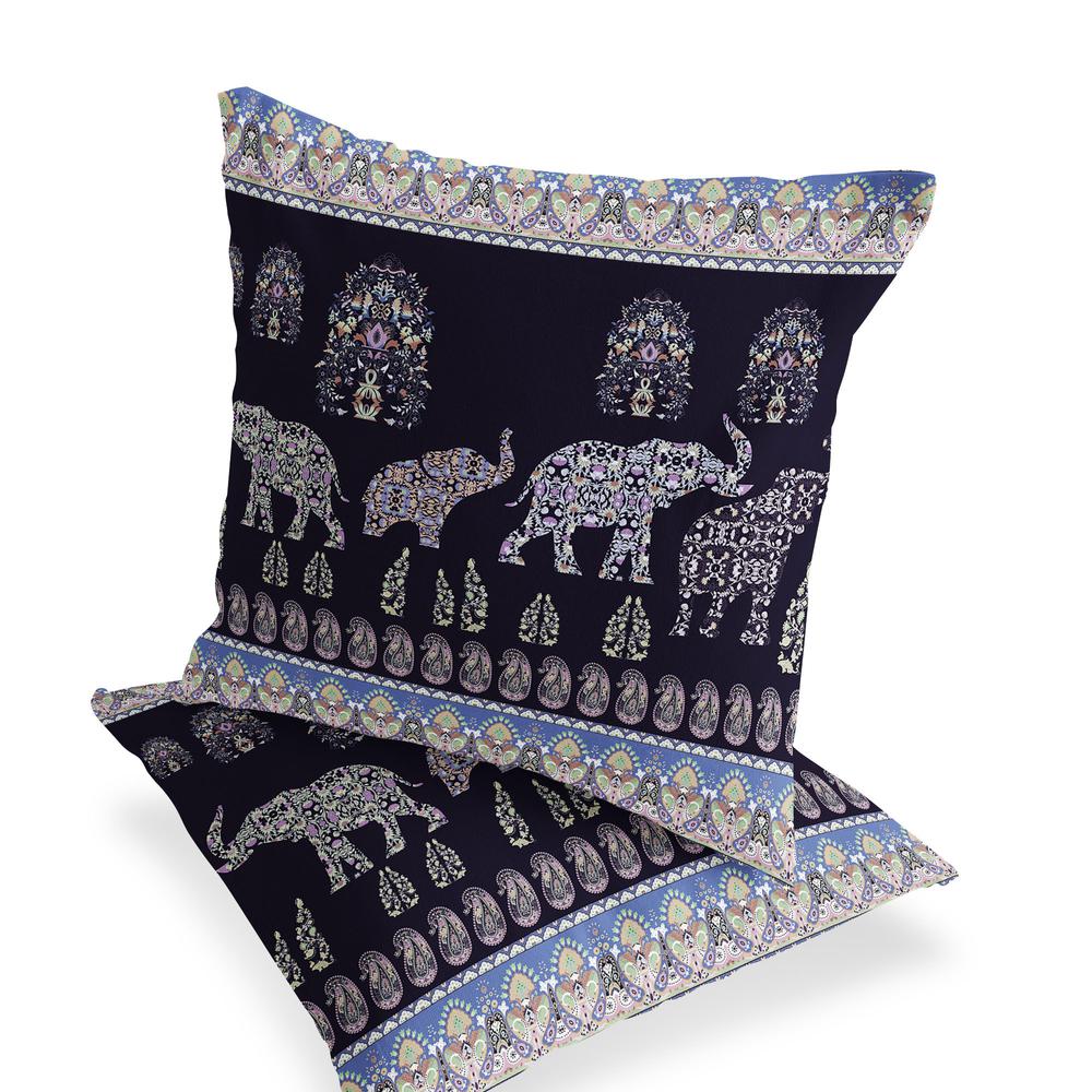 Blue, Purple Elephant Blown Seam Paisley Indoor Outdoor Throw Pillow. Picture 4