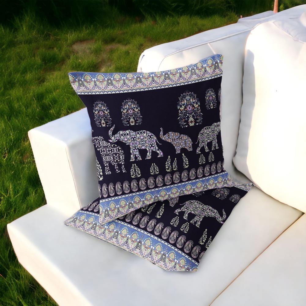 Blue, Purple Elephant Blown Seam Paisley Indoor Outdoor Throw Pillow. Picture 2