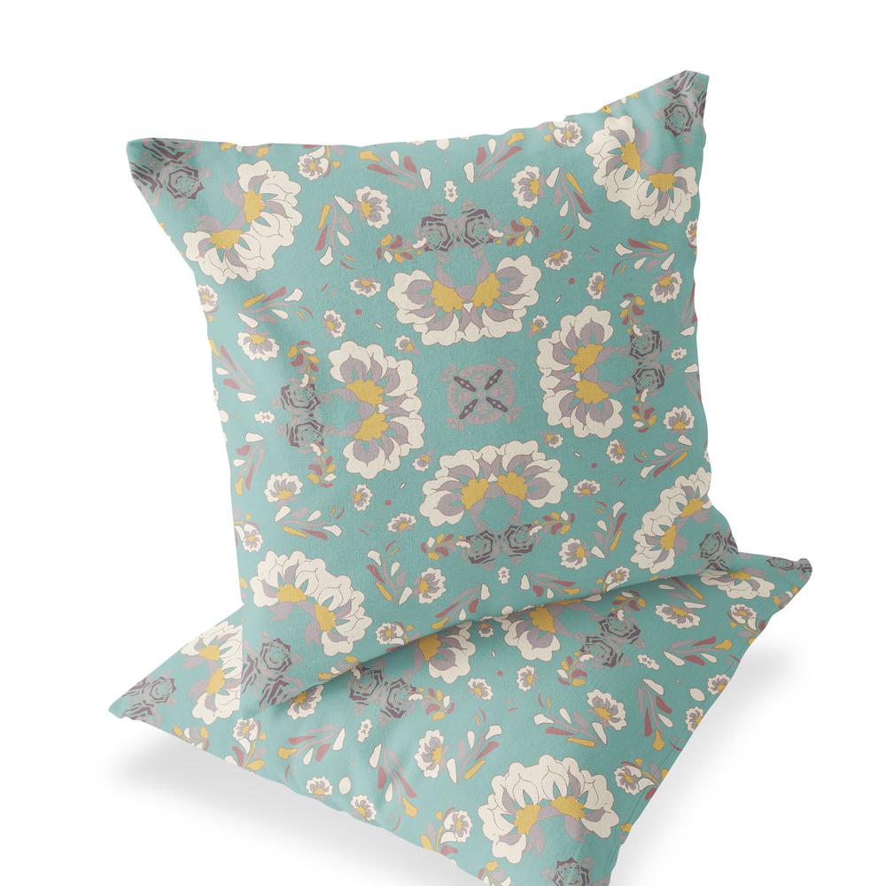 Set of Two 16" X 16" Green, White Blown Seam Floral Indoor Outdoor Throw Pillow. Picture 1