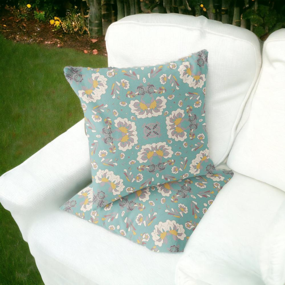 Set of Two 16" X 16" Green, White Blown Seam Floral Indoor Outdoor Throw Pillow. Picture 2