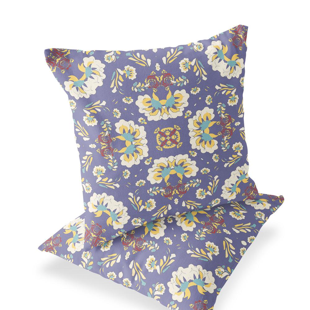 Purple, White Blown Seam Floral Indoor Outdoor Throw Pillow. Picture 1