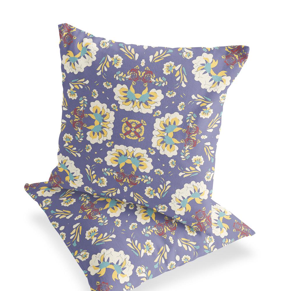 Purple, White Blown Seam Floral Indoor Outdoor Throw Pillow. Picture 3