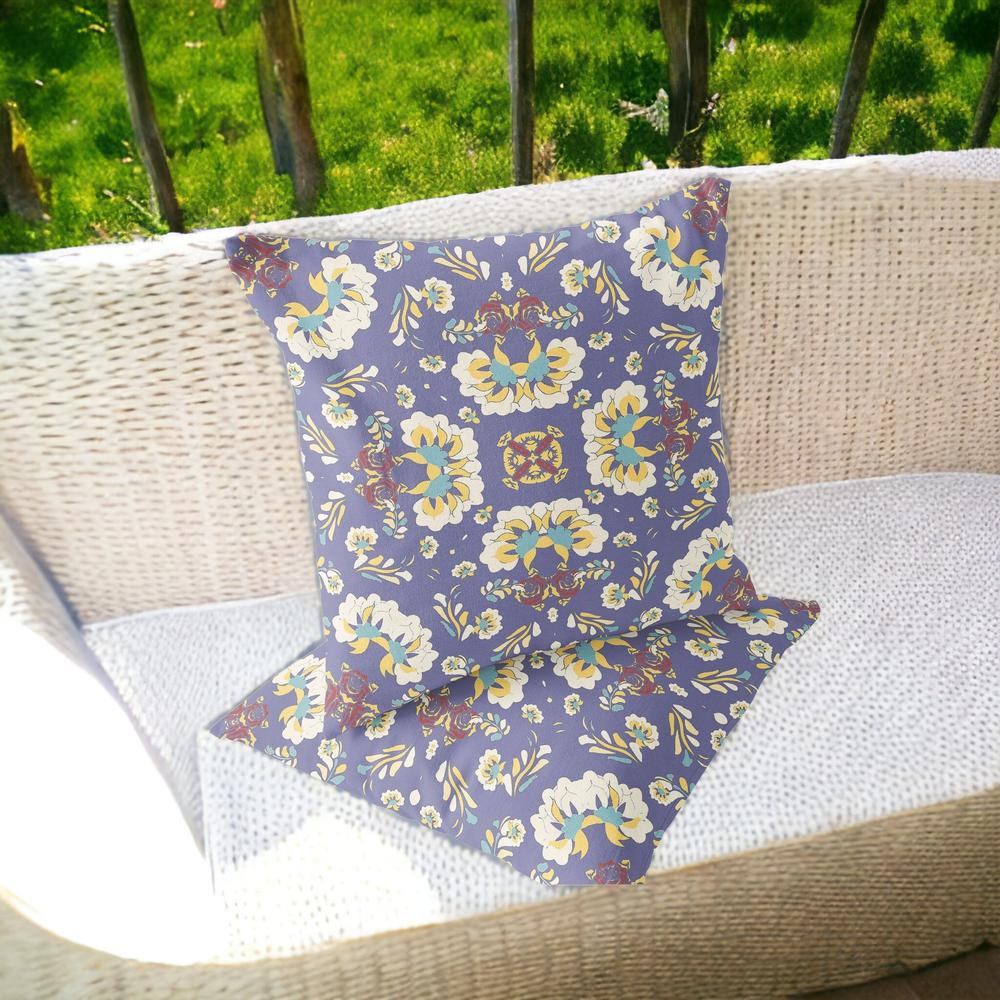 Purple, White Blown Seam Floral Indoor Outdoor Throw Pillow. Picture 2