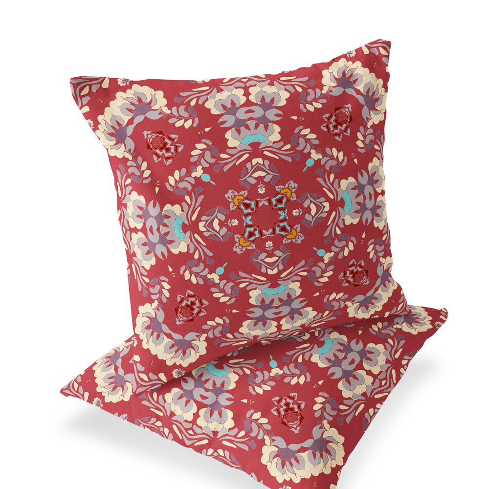 Set of Two 16" X 16" Red, Ivory Blown Seam Eclectic Indoor Outdoor Throw Pillow. Picture 1