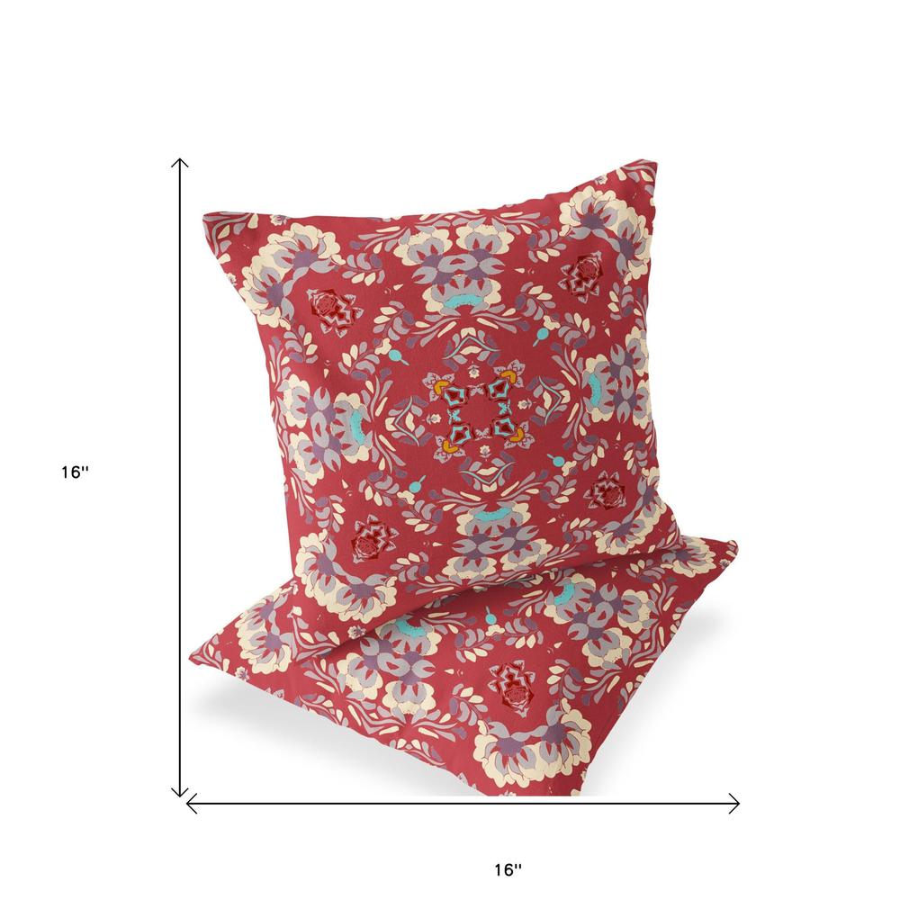 Set of Two 16" X 16" Red, Ivory Blown Seam Eclectic Indoor Outdoor Throw Pillow. Picture 5