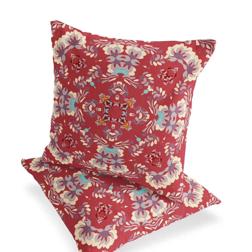 Set of Two 16" X 16" Red, Ivory Blown Seam Eclectic Indoor Outdoor Throw Pillow. Picture 3
