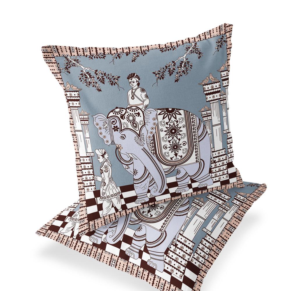 Blue, Brown Elephant Blown Seam Floral Indoor Outdoor Throw Pillow. Picture 1