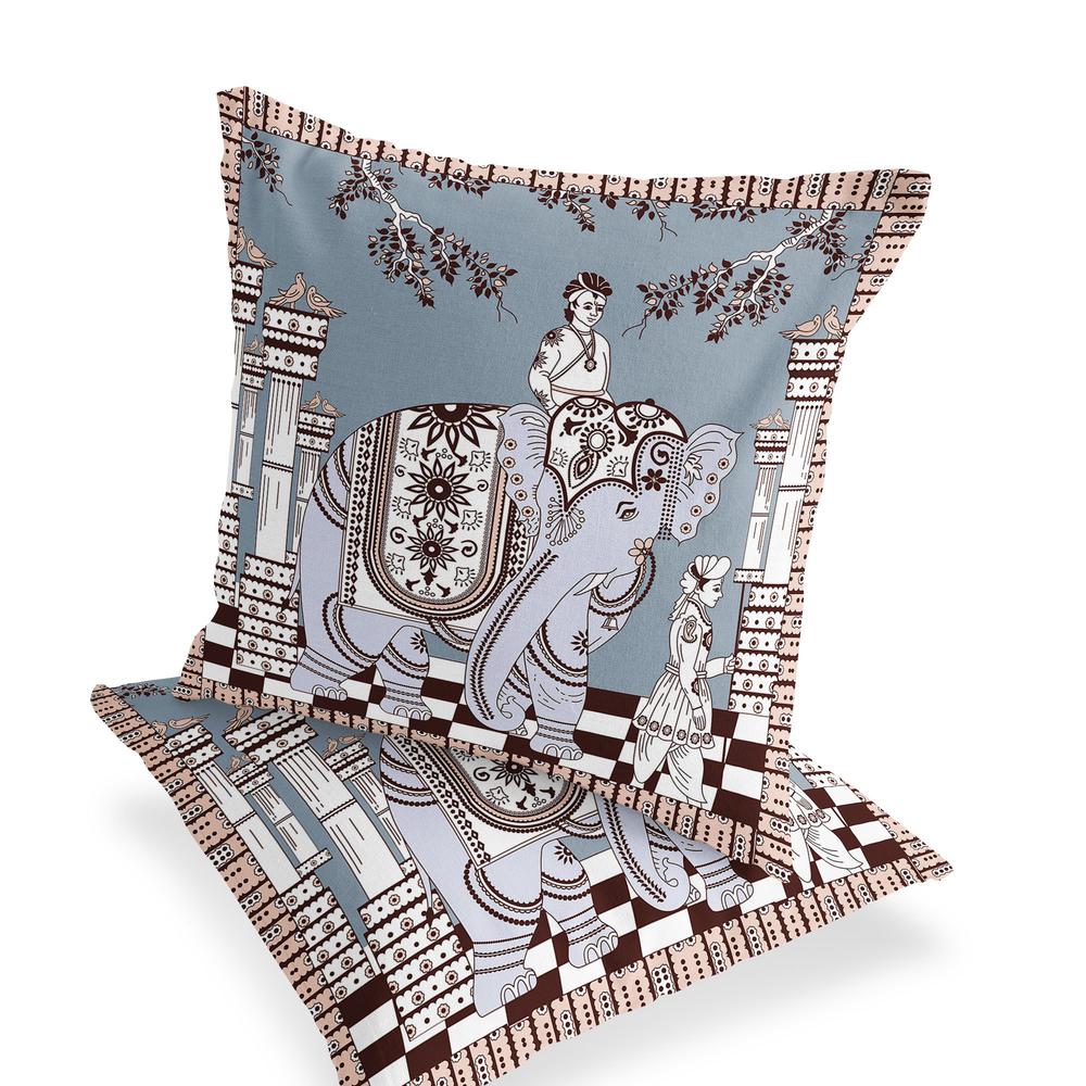 Blue, Brown Elephant Blown Seam Floral Indoor Outdoor Throw Pillow. Picture 3