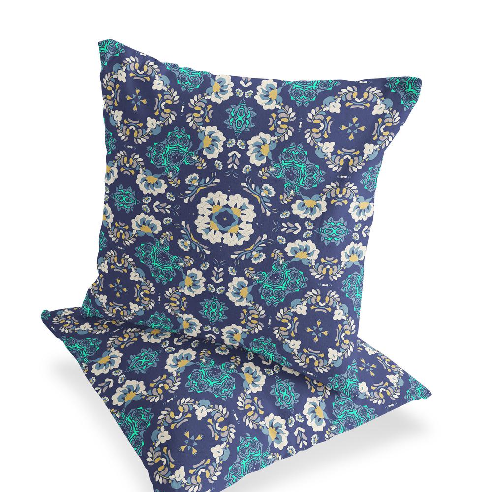 Set of Two 16" X 16" Blue, White Blown Seam Floral Indoor Outdoor Throw Pillow. Picture 3