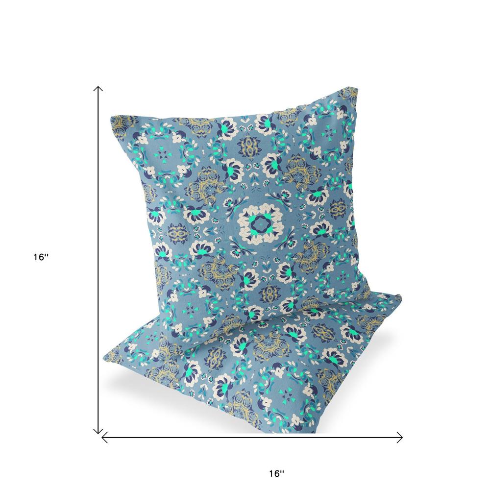 Set of Two 16" X 16" Blue, Green Blown Seam Floral Indoor Outdoor Throw Pillow. Picture 5