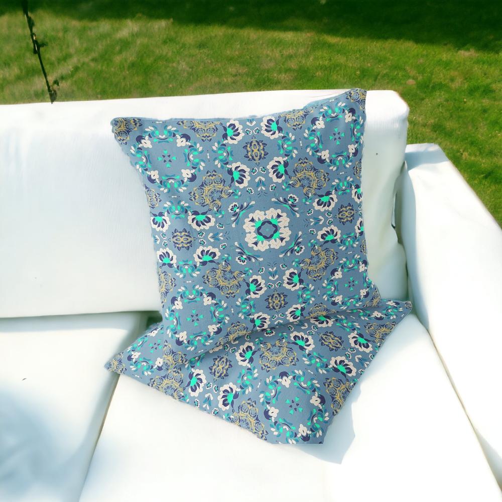 Set of Two 16" X 16" Blue, Green Blown Seam Floral Indoor Outdoor Throw Pillow. Picture 2