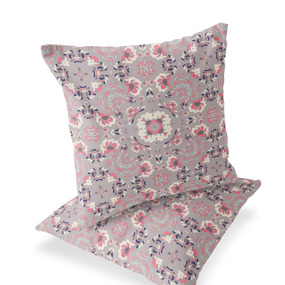 Set of Two 16" X 16" Pink, Ivory Blown Seam Floral Indoor Outdoor Throw Pillow. Picture 1