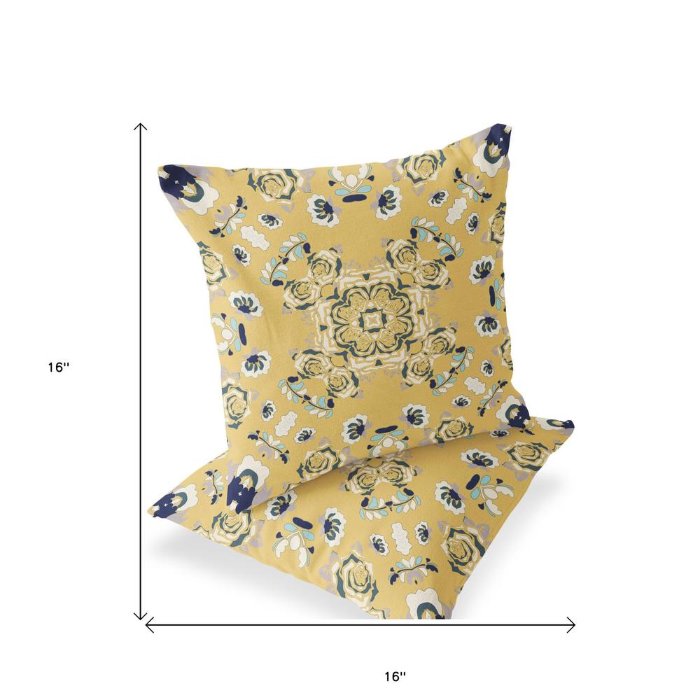 Set of Two 16" X 16" Blue, Yellow Blown Seam Floral Indoor Outdoor Throw Pillow. Picture 5