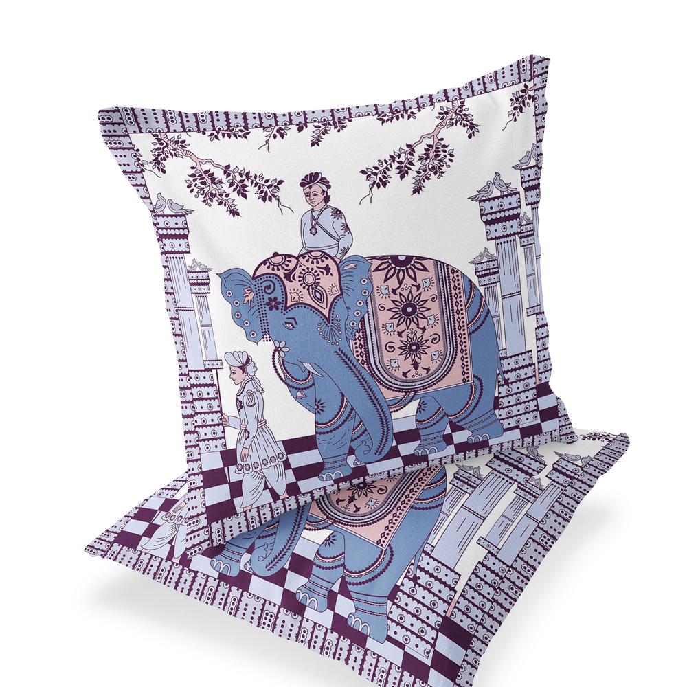 Blue, Purple Elephant Blown Seam Floral Indoor Outdoor Throw Pillow. Picture 1