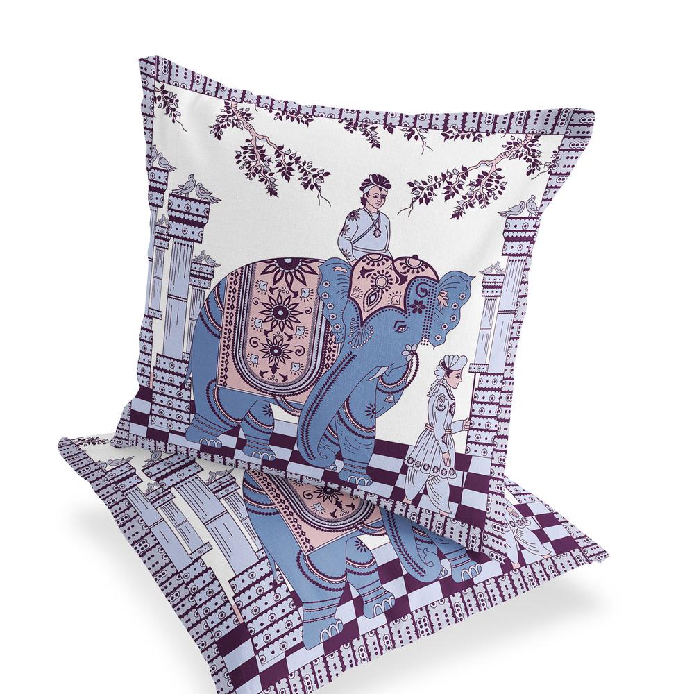 Blue, Purple Elephant Blown Seam Floral Indoor Outdoor Throw Pillow. Picture 4
