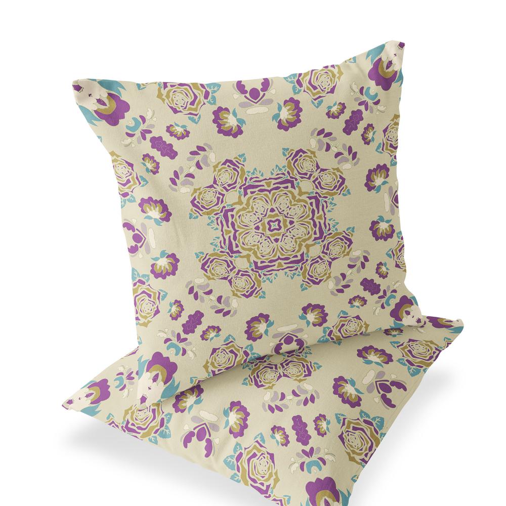 Beige, Purple Blown Seam Floral Indoor Outdoor Throw Pillow. Picture 1