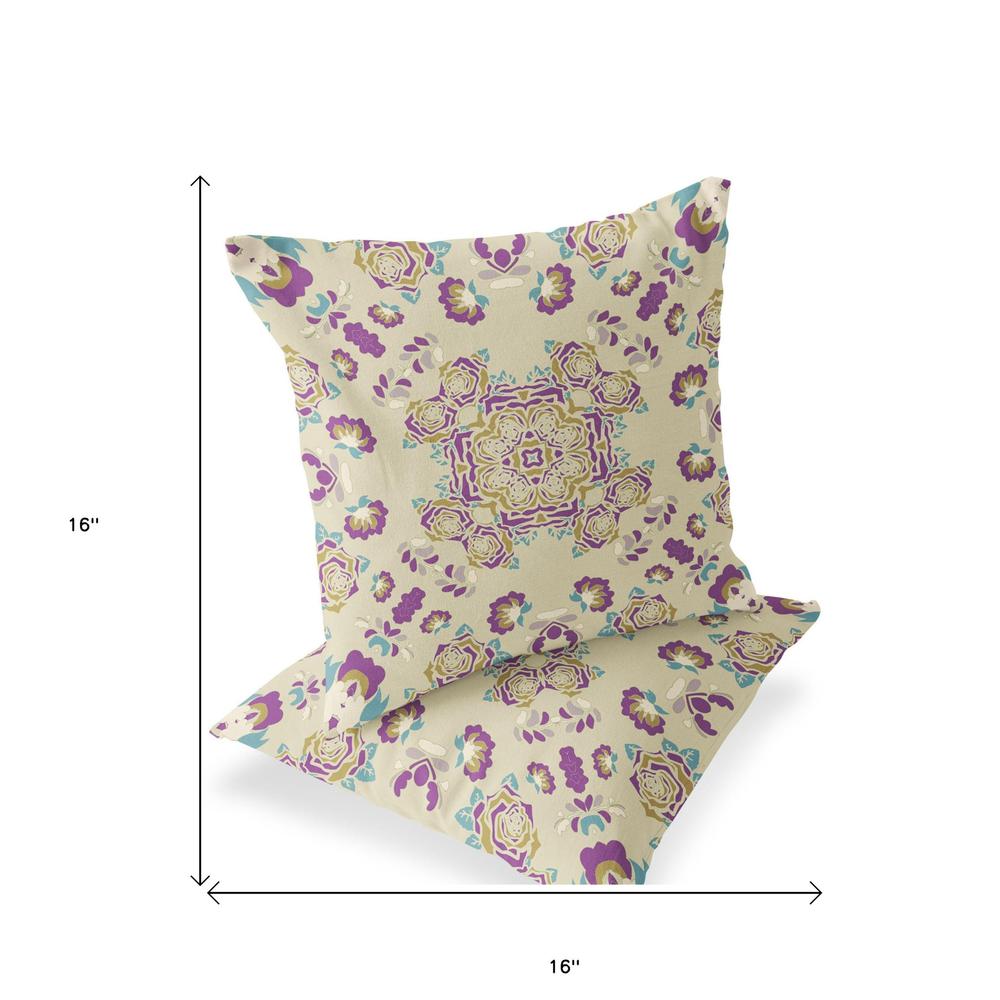 Beige, Purple Blown Seam Floral Indoor Outdoor Throw Pillow. Picture 5