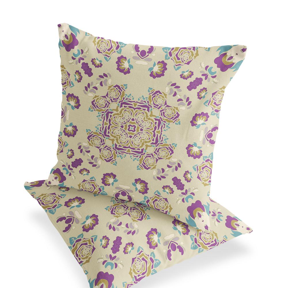 Beige, Purple Blown Seam Floral Indoor Outdoor Throw Pillow. Picture 3