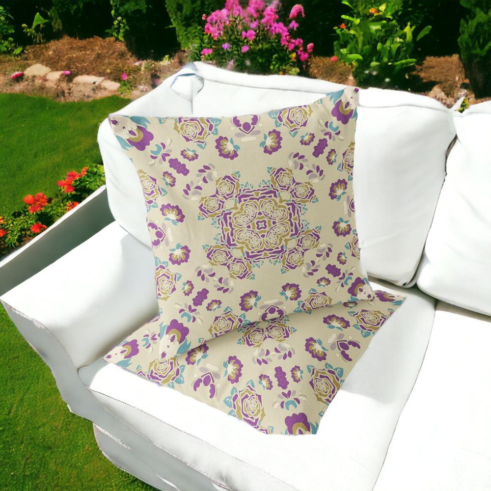 Beige, Purple Blown Seam Floral Indoor Outdoor Throw Pillow. Picture 2