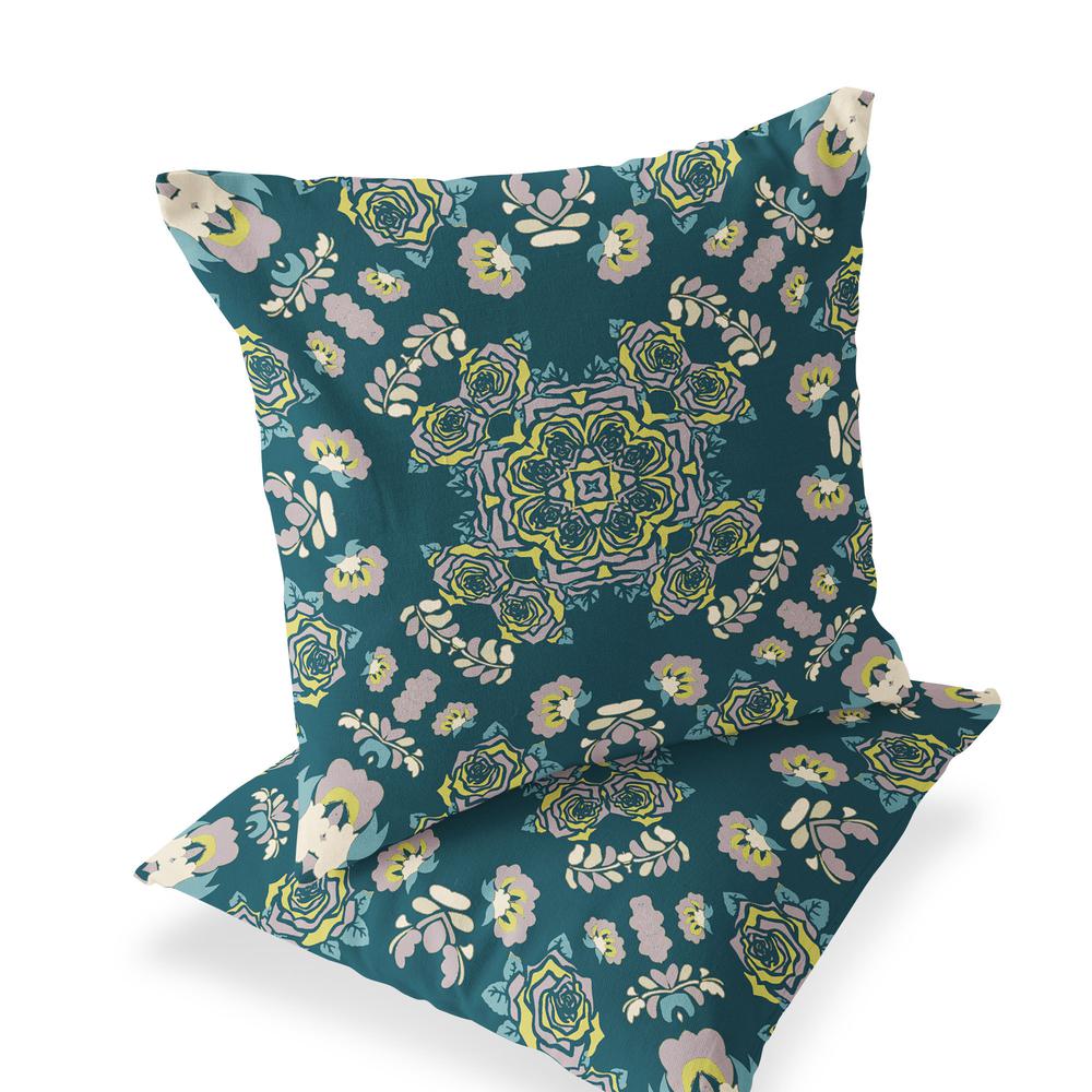 Green, Yellow Blown Seam Floral Indoor Outdoor Throw Pillow. Picture 1