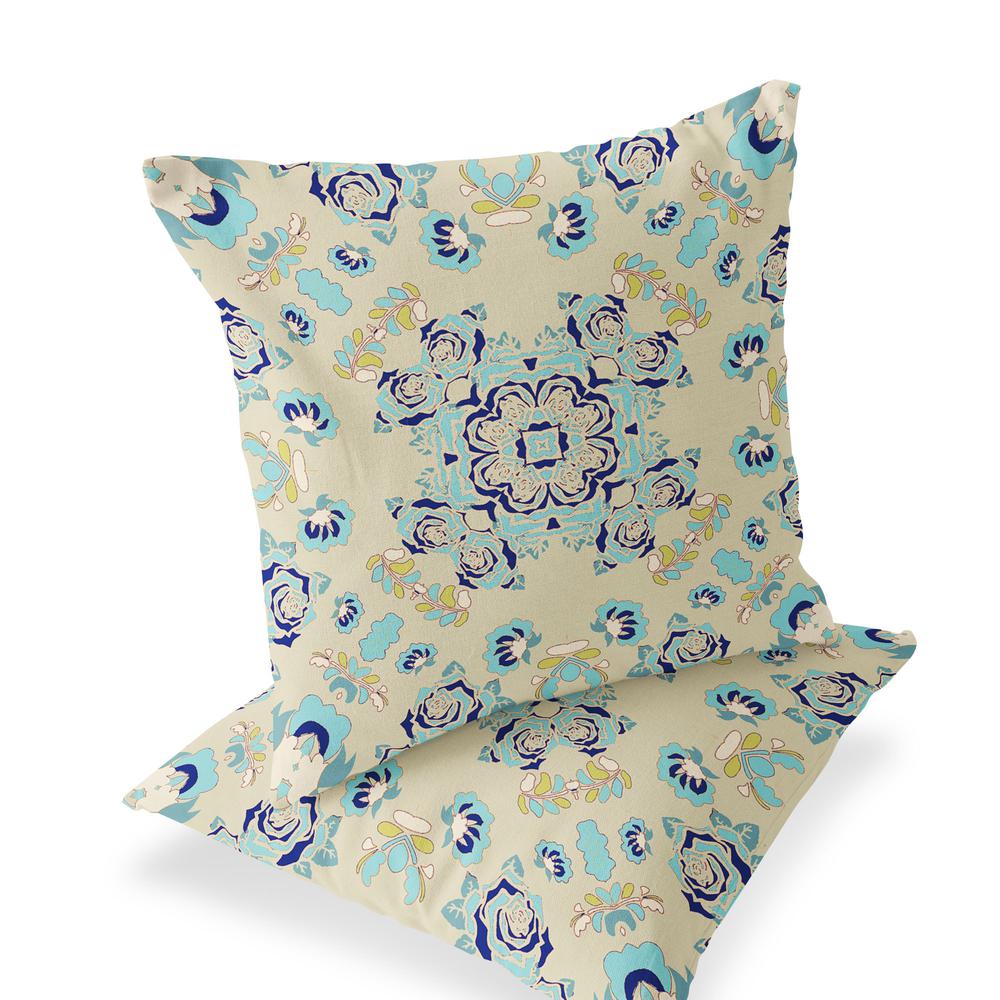 Blue, Off White Blown Seam Floral Indoor Outdoor Throw Pillow. Picture 1
