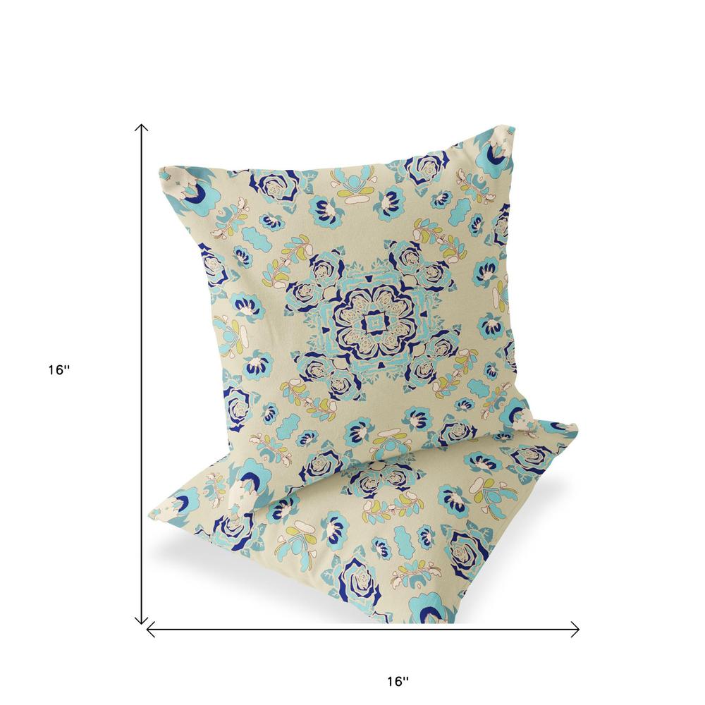 Blue, Off White Blown Seam Floral Indoor Outdoor Throw Pillow. Picture 5