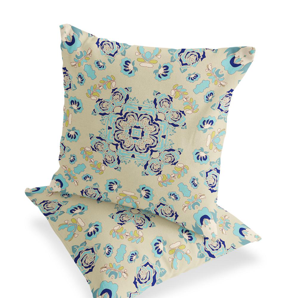 Blue, Off White Blown Seam Floral Indoor Outdoor Throw Pillow. Picture 4