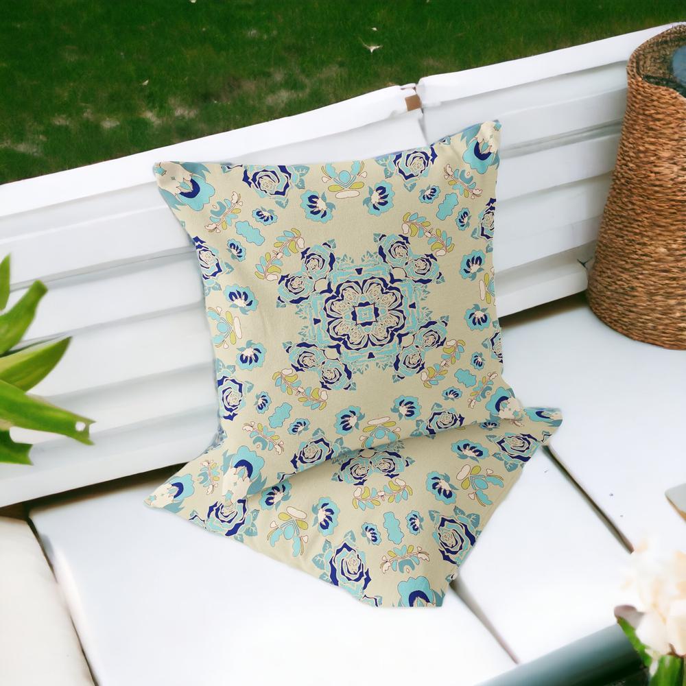 Blue, Off White Blown Seam Floral Indoor Outdoor Throw Pillow. Picture 2