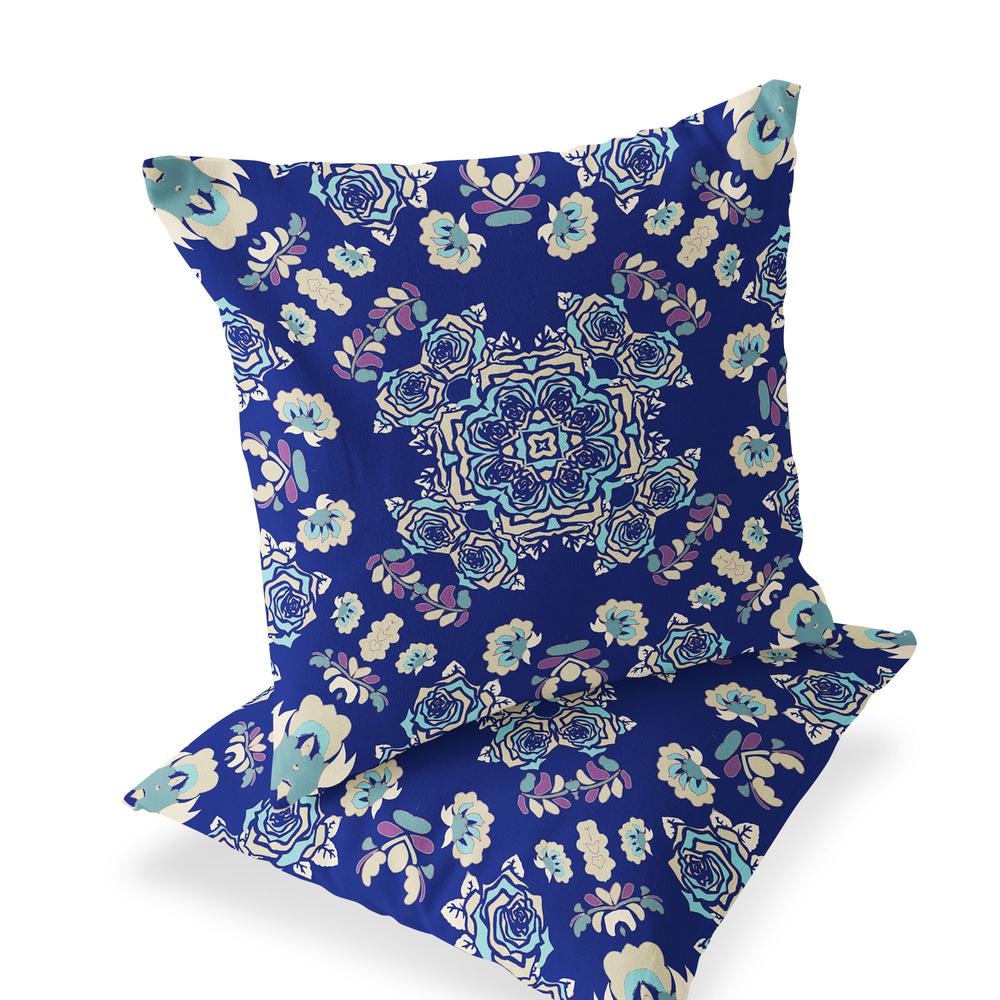 Set of Two 16" X 16" Blue, White Blown Seam Floral Indoor Outdoor Throw Pillow. Picture 1