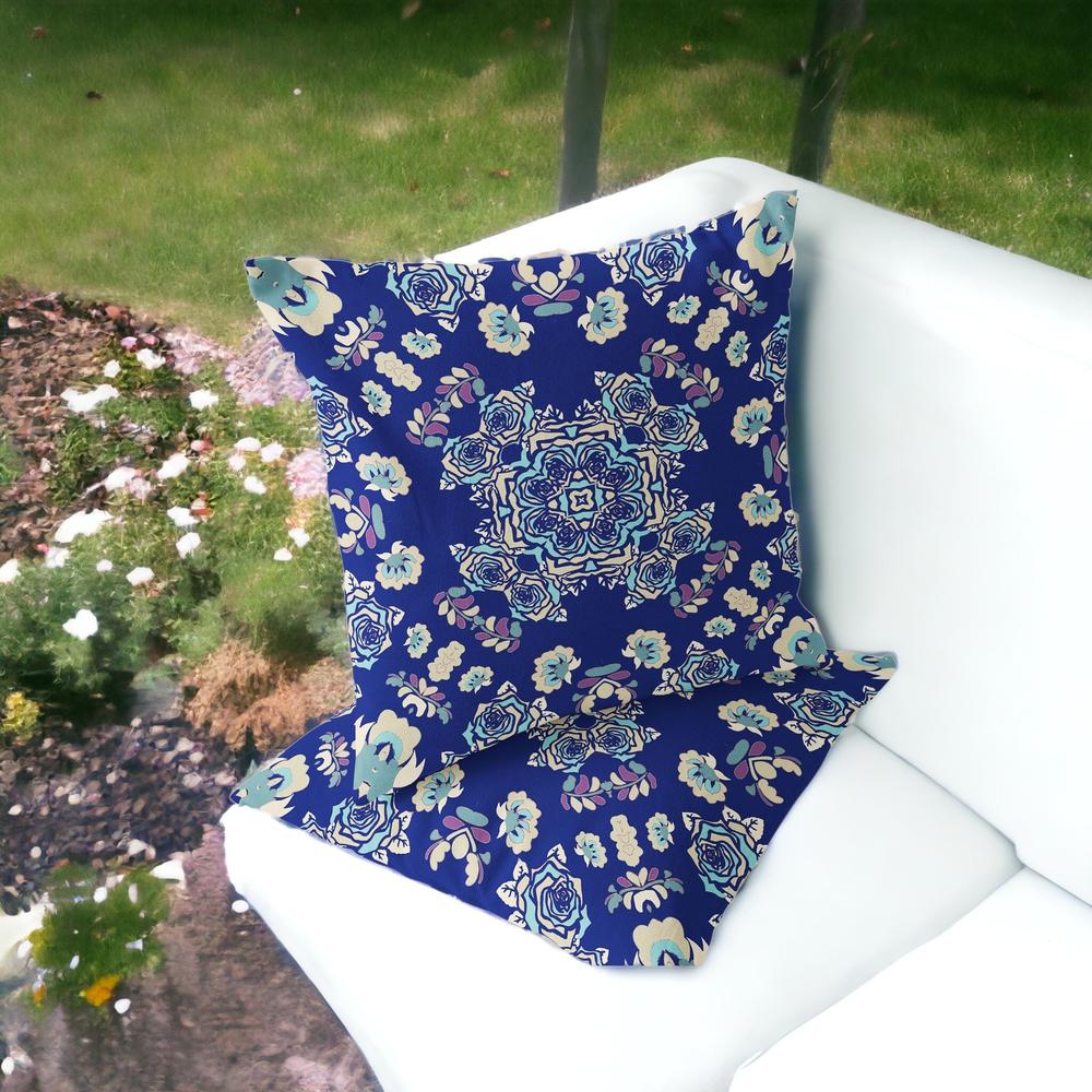 Set of Two 16" X 16" Blue, White Blown Seam Floral Indoor Outdoor Throw Pillow. Picture 2