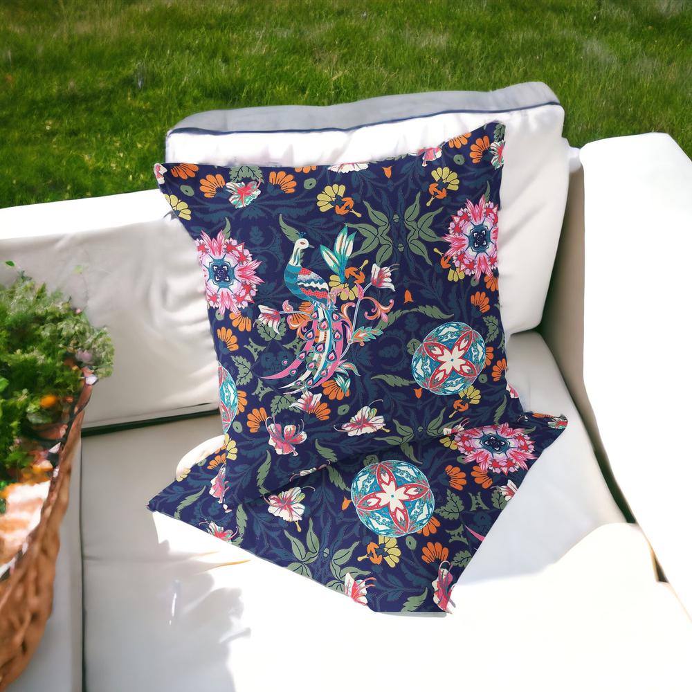 Blue, Pink Peacock Blown Seam Eclectic Indoor Outdoor Throw Pillow. Picture 2
