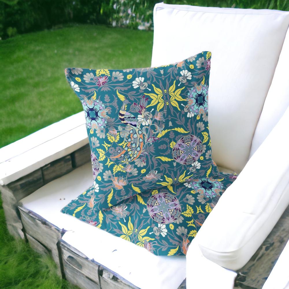Green, Yellow Peacock Blown Seam Eclectic Indoor Outdoor Throw Pillow. Picture 2