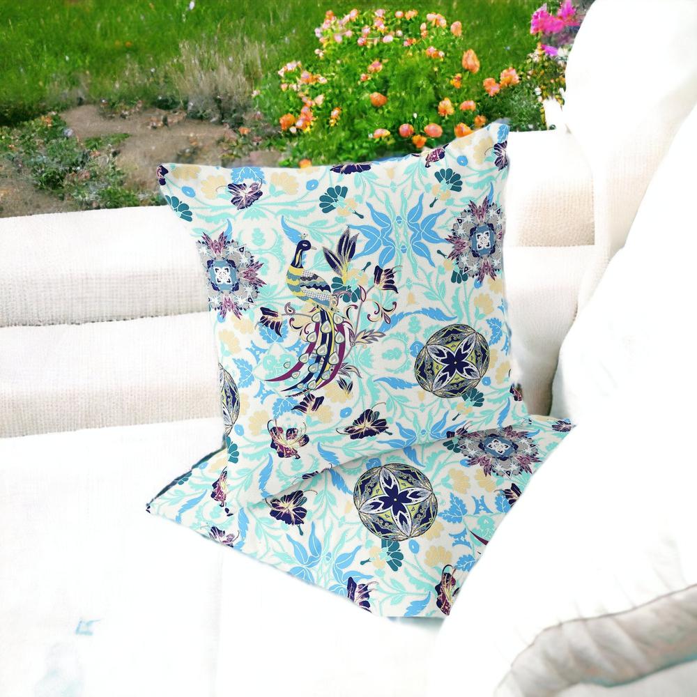 Blue, White Peacock Blown Seam Eclectic Indoor Outdoor Throw Pillow. Picture 2