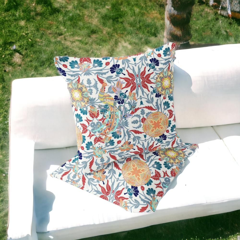 Red, White Peacock Blown Seam Eclectic Indoor Outdoor Throw Pillow. Picture 2