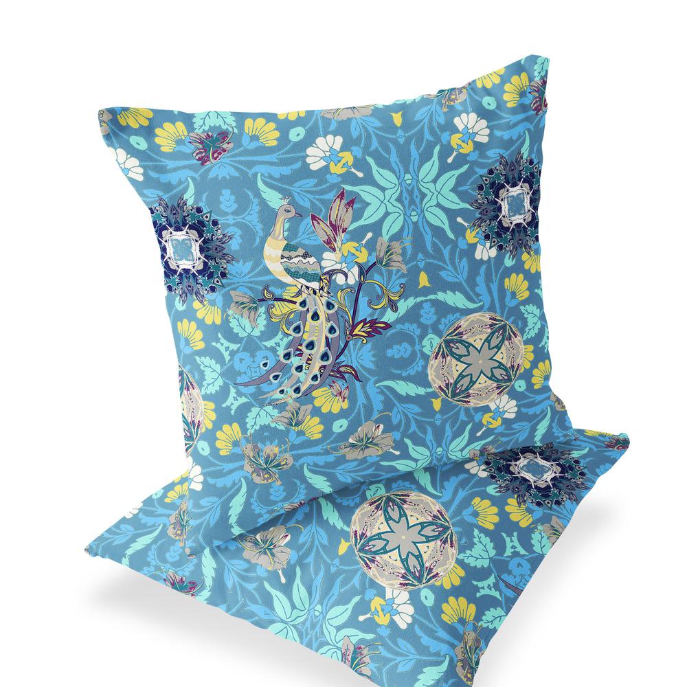 Blue, Green Peacock Blown Seam Eclectic Indoor Outdoor Throw Pillow. Picture 1