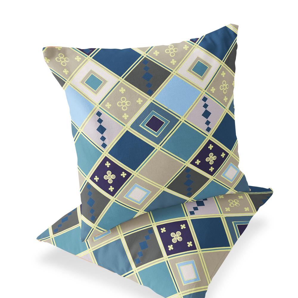 Set of Two 16" X 16" Blue, Gold Blown Seam Diamond Indoor Outdoor Throw Pillow. Picture 1